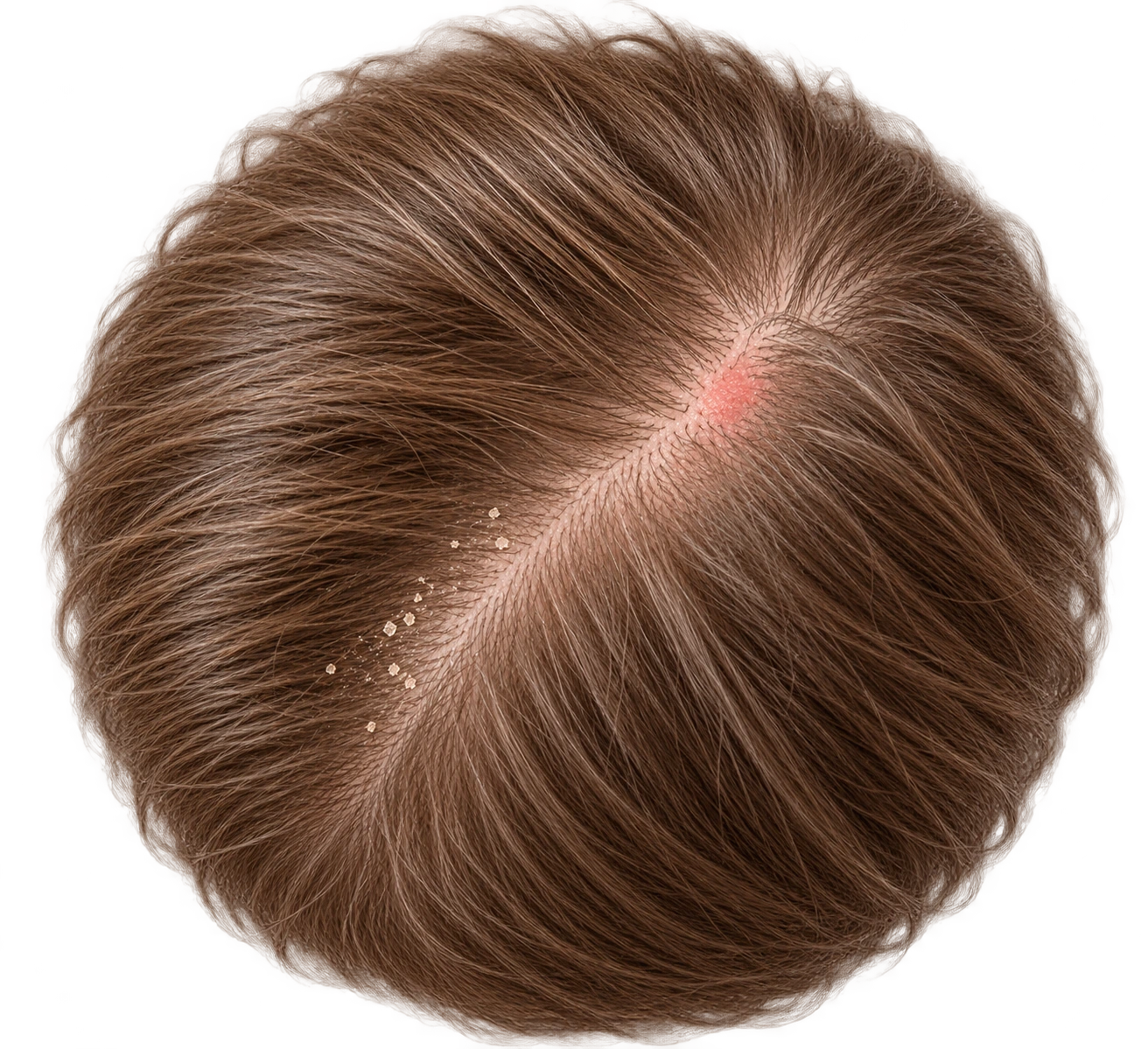 Haarwirbel mit sichtbaren Schüppchen und einer leicht geröteten Partie
